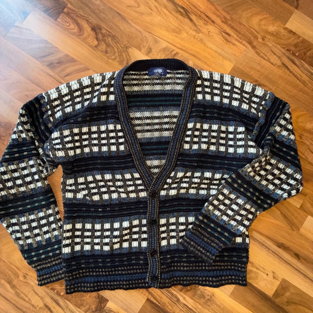 Mens Vintage Geometric Pattern Button Front‎ Cardigan Sweater Blue Black White